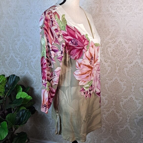 Soft Surroundings Size Small Floral Print Tunic 3/4 Sleeves Cream/Pink/Green EUC - Picture 10 of 15